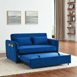 Convertible Sofa Bed, 3-in-1 Versatile Velvet Double Sofa with Pullout Bed, Seat with Adjustable Backrest, Lumbar Pillows,  Side Pockets, Blue