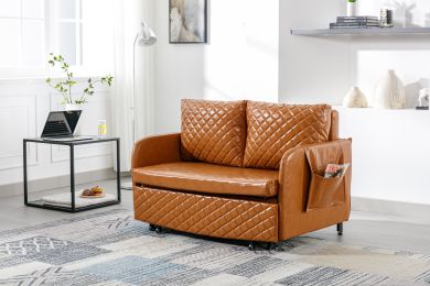 COOLMORE, Modern Velvet Loveseat Couch with Pull Out Bed, Small Love Seat Futon Sofa Bed with Headboard, 2 Pillows & Side Pockets