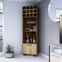 Corner Bar Cabinet CataluÃ±a, 8 Wine Cubbies, 2 Side Shelves, Mahogany / Aged Oak Finish