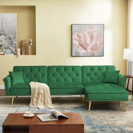 Modern Velvet Upholstered Reversible Sectional Sofa Bed ; L-Shaped Couch with Movable Ottoman and Nailhead Trim For Living Room. (Green)