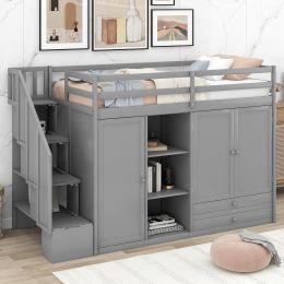 Functional Loft Bed with 3 Shelves;  2 Wardrobes and 2 Drawers;  Ladder with Storage;  No Box Spring Needed