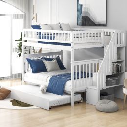 Full over Full Bunk Bed with Trundle and Staircase; White