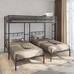 Metal Triple Twin Bunk Bed/ Sturdy Metal Bed Frame/ Comfortable Textilene Guardrail/ 2 Side Ladders/ Bunk Bed for Three/ No Box Spring Needed