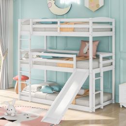 Twin over Twin over Twin Adjustable Triple Bunk Bed with Ladder and Slide,White(OLD SKU:SM000508AAK)